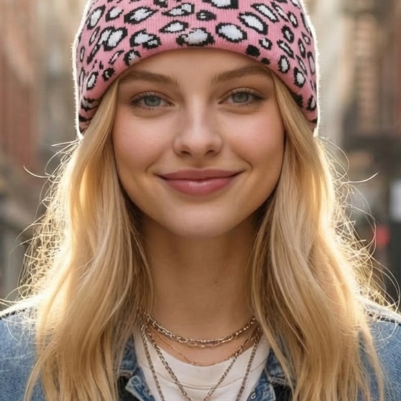 Beanie Pink Leopard Print Eaveless - Picture 2 of 10